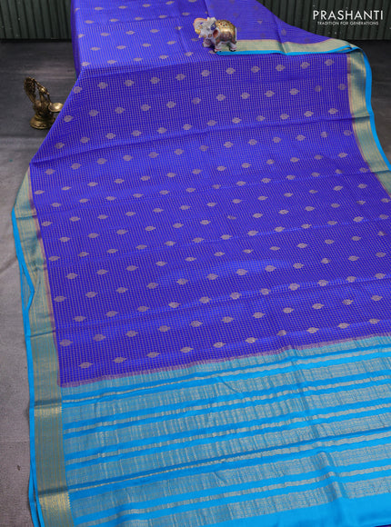 Pure mysore silk saree royal blue and teal blue with allover small zari checks & buttas and zari woven border