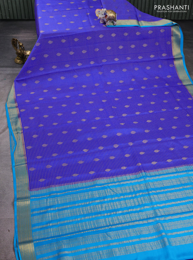 Pure mysore silk saree royal blue and teal blue with allover small zari checks & buttas and zari woven border