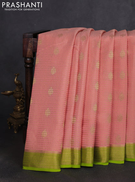 Pure mysore silk saree peach shade and light green with allover small zari checks & buttas and zari woven border