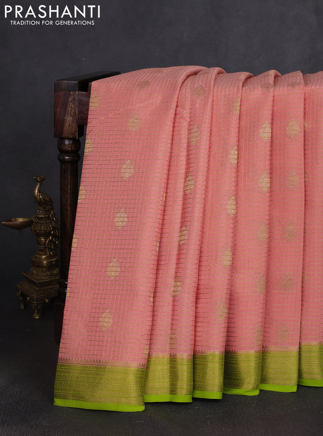 Pure mysore silk saree peach shade and light green with allover small zari checks & buttas and zari woven border