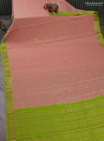 Pure mysore silk saree peach shade and light green with allover small zari checks & buttas and zari woven border