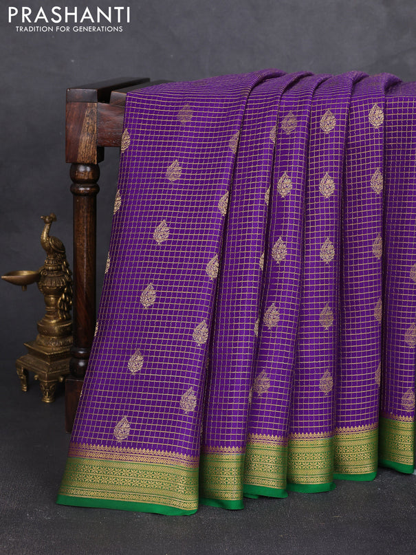 Pure mysore silk saree violet and green with allover small zari checks & buttas and zari woven border
