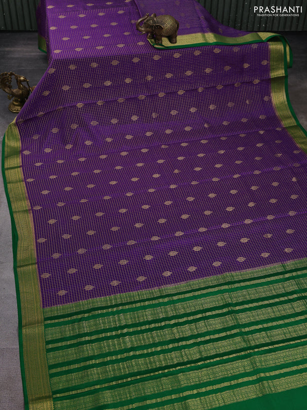Pure mysore silk saree violet and green with allover small zari checks & buttas and zari woven border