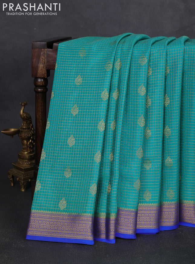 Pure mysore silk saree teal blue and blue with allover small zari checks & buttas and zari woven border