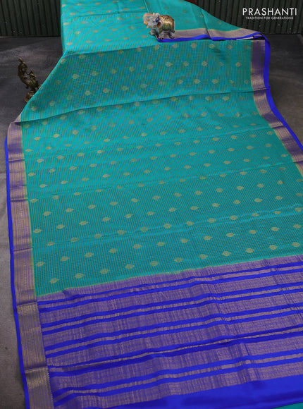 Pure mysore silk saree teal blue and blue with allover small zari checks & buttas and zari woven border