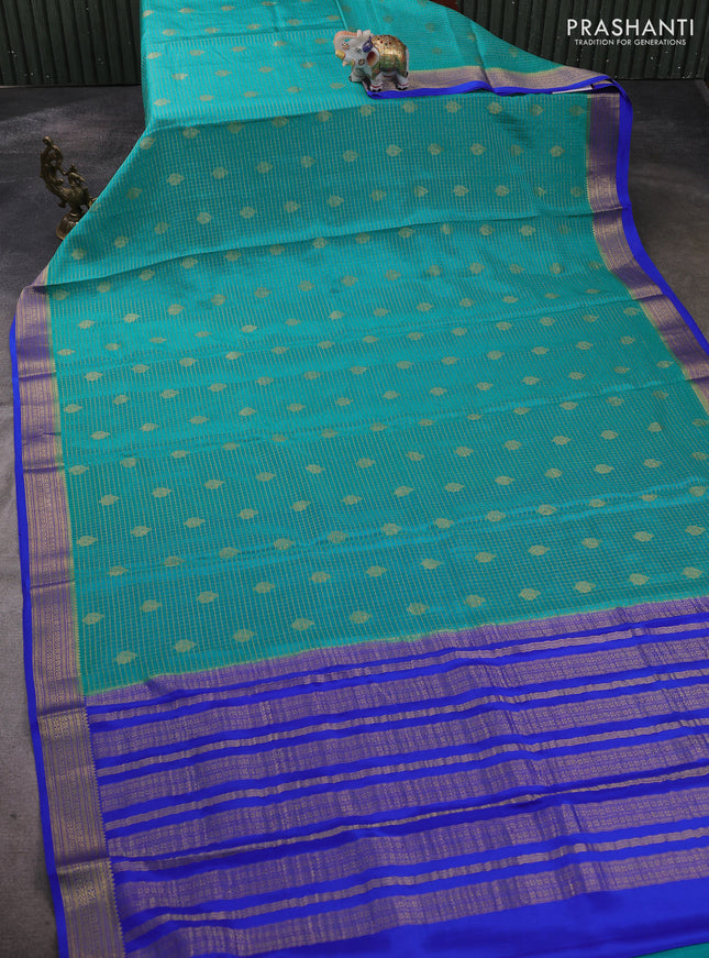 Pure mysore silk saree teal blue and blue with allover small zari checks & buttas and zari woven border