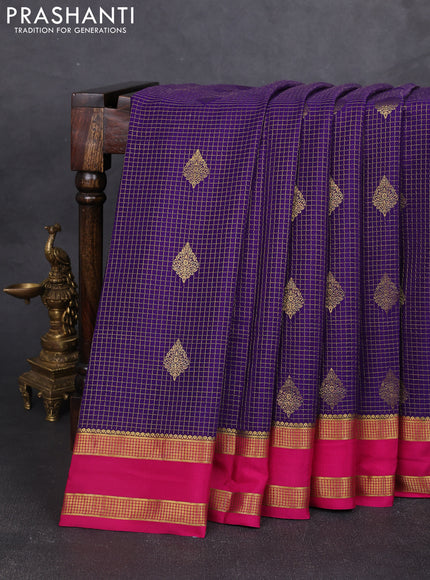 Pure mysore silk saree violet and pink with allover small zari checks & buttas and rettapet zari woven border