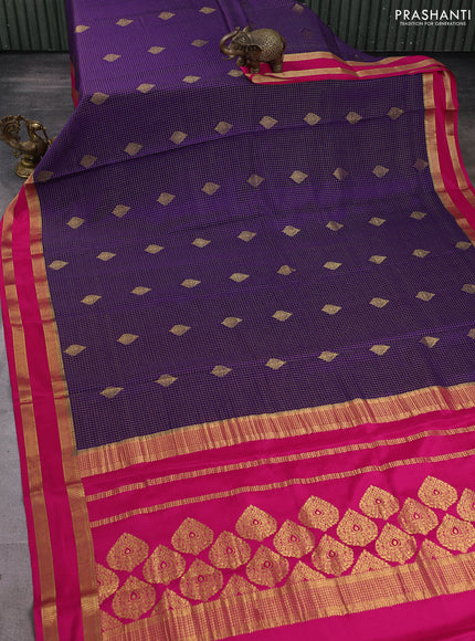 Pure mysore silk saree violet and pink with allover small zari checks & buttas and rettapet zari woven border