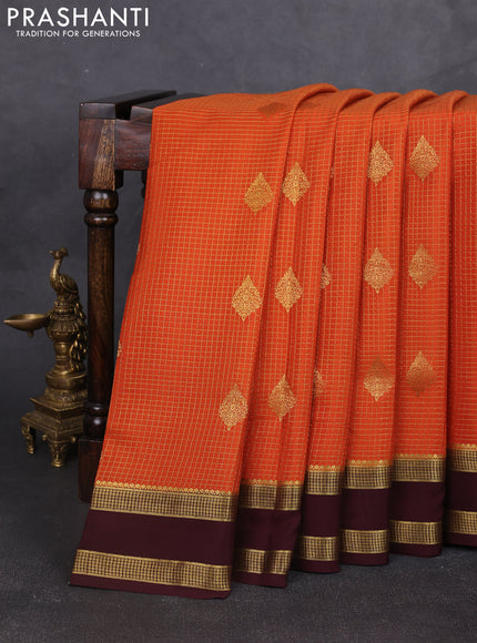 Pure mysore silk saree rust shade and coffee brown with allover small zari checks & buttas and rettapet zari woven border