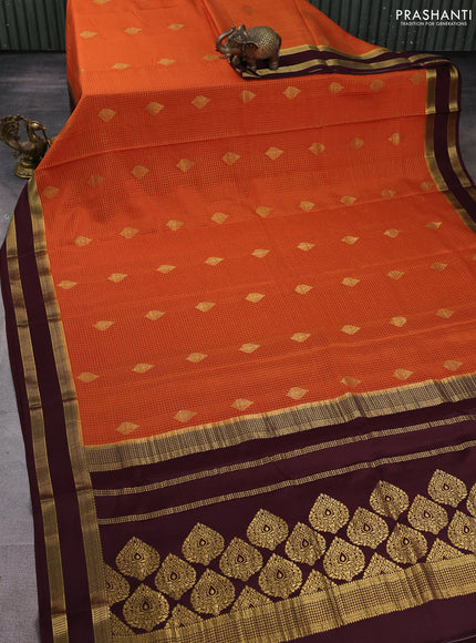 Pure mysore silk saree rust shade and coffee brown with allover small zari checks & buttas and rettapet zari woven border