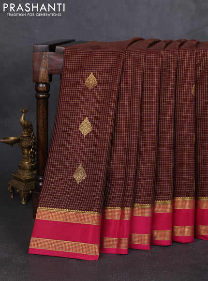 Pure mysore silk saree coffee brown and pink with allover small zari checks & buttas and rettapet zari woven border