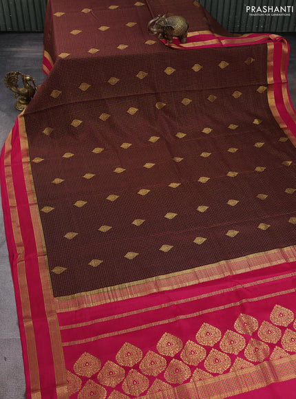 Pure mysore silk saree coffee brown and pink with allover small zari checks & buttas and rettapet zari woven border