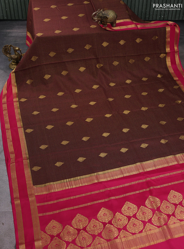 Pure mysore silk saree coffee brown and pink with allover small zari checks & buttas and rettapet zari woven border