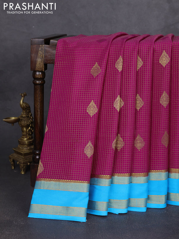 Pure mysore silk saree pink and cs blue with allover small zari checks & buttas and rettapet zari woven border