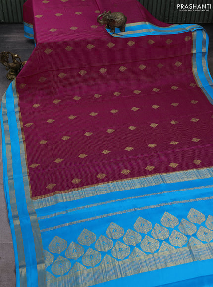 Pure mysore silk saree pink and cs blue with allover small zari checks & buttas and rettapet zari woven border