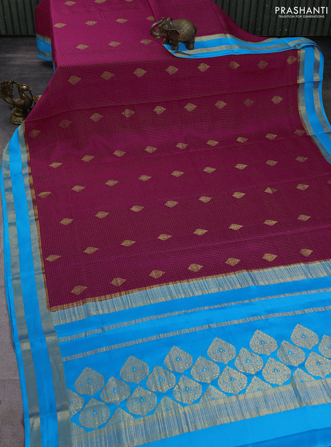 Pure mysore silk saree pink and cs blue with allover small zari checks & buttas and rettapet zari woven border