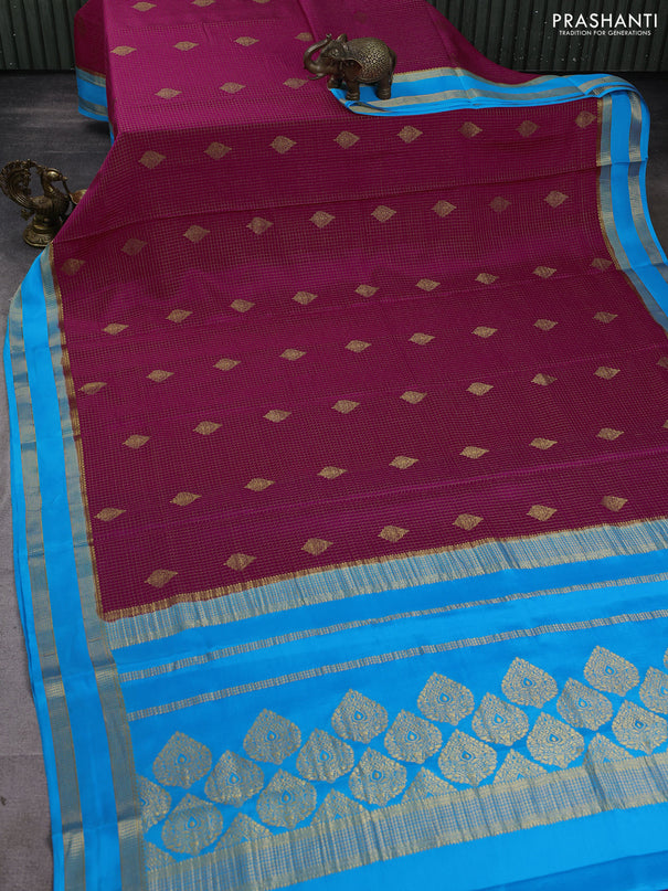 Pure mysore silk saree pink and cs blue with allover small zari checks & buttas and rettapet zari woven border
