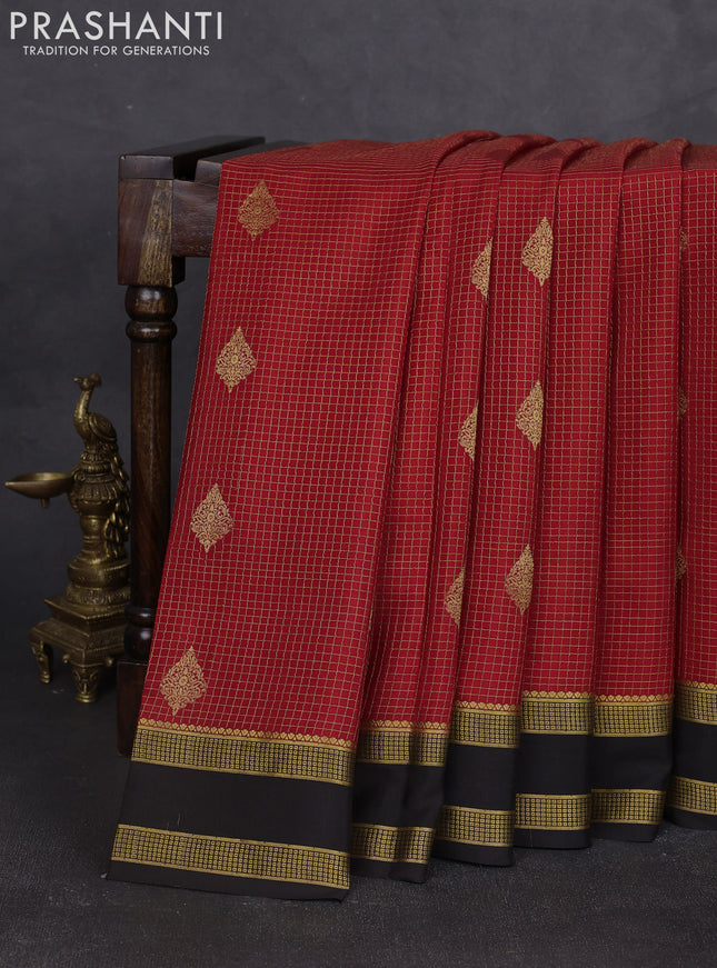 Pure mysore silk saree red and black with allover small zari checks & buttas and rettapet zari woven border