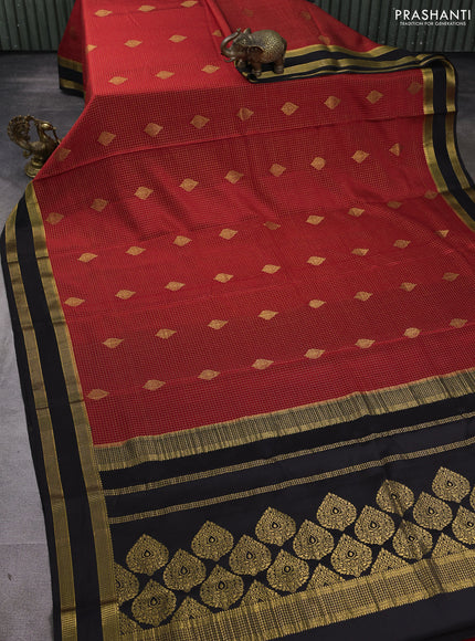 Pure mysore silk saree red and black with allover small zari checks & buttas and rettapet zari woven border