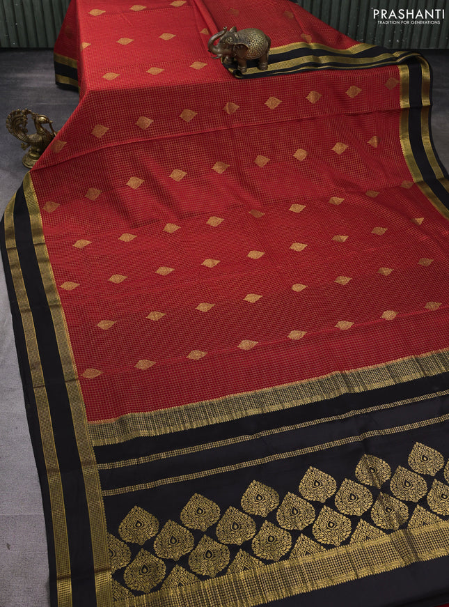 Pure mysore silk saree red and black with allover small zari checks & buttas and rettapet zari woven border