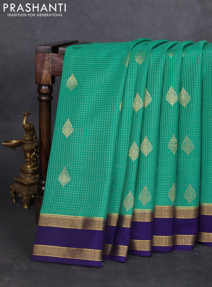 Pure mysore silk saree teal green shade and dark blue with allover small zari checks & buttas and rettapet zari woven border