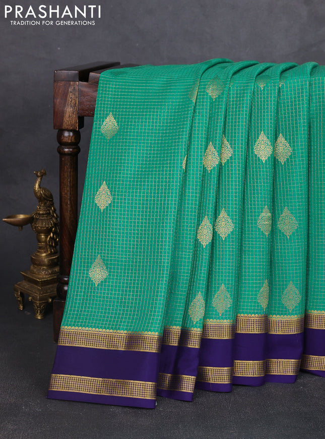 Pure mysore silk saree teal green shade and dark blue with allover small zari checks & buttas and rettapet zari woven border