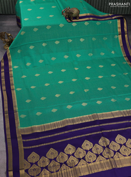 Pure mysore silk saree teal green shade and dark blue with allover small zari checks & buttas and rettapet zari woven border