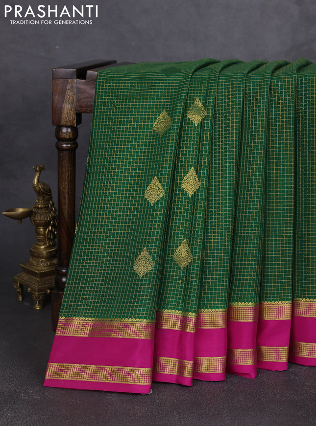 Pure mysore silk saree green and pink with allover small zari checks & buttas and rettapet zari woven border