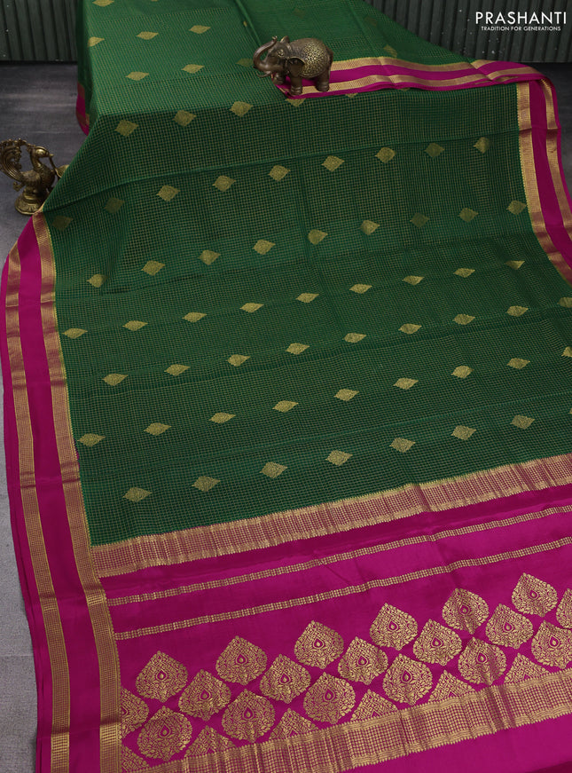 Pure mysore silk saree green and pink with allover small zari checks & buttas and rettapet zari woven border