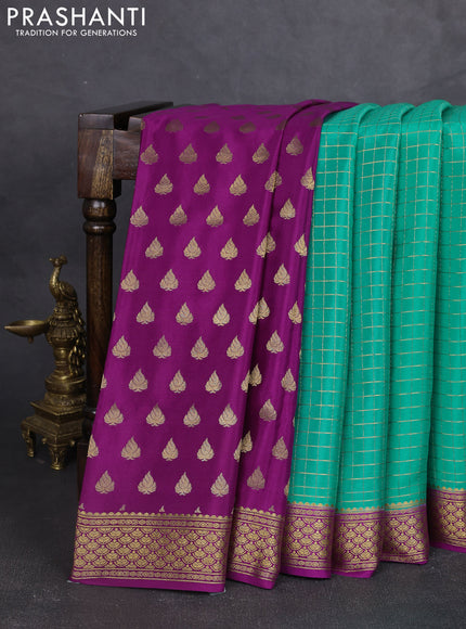 Pure mysore partly silk saree teal green shade and purple with allover zari woven checked pattern and zari woven border