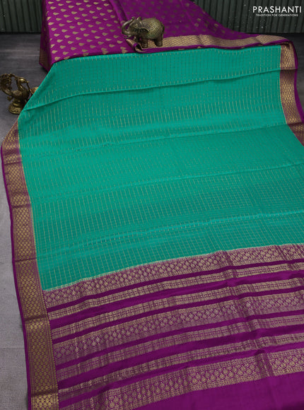 Pure mysore partly silk saree teal green shade and purple with allover zari woven checked pattern and zari woven border