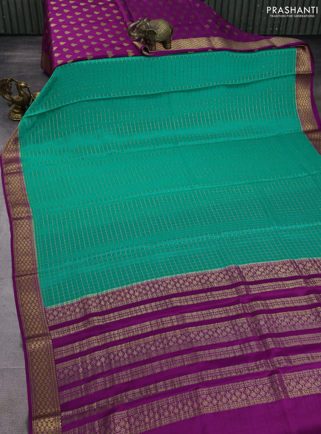 Pure mysore partly silk saree teal green shade and purple with allover zari woven checked pattern and zari woven border