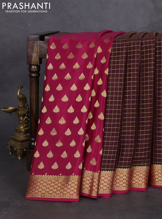 Pure mysore partly silk saree coffee brown and pink with allover zari woven checked pattern and zari woven border