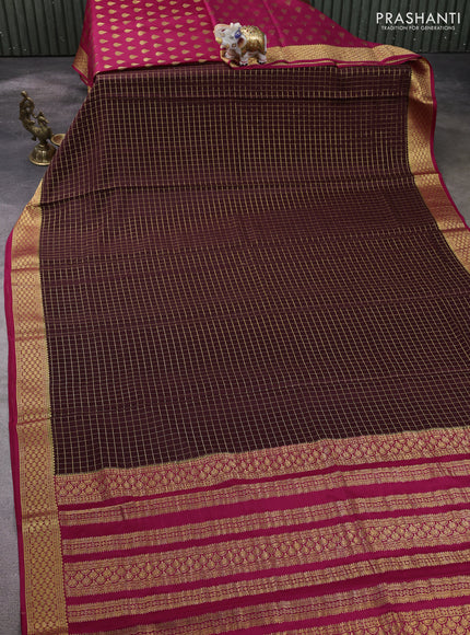 Pure mysore partly silk saree coffee brown and pink with allover zari woven checked pattern and zari woven border