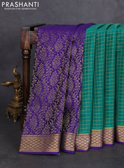 Pure mysore partly silk saree teal green and violet with allover zari woven checked pattern and zari woven border