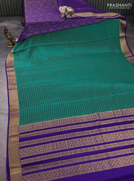 Pure mysore partly silk saree teal green and violet with allover zari woven checked pattern and zari woven border