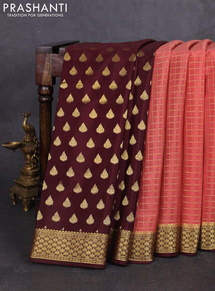 Pure mysore partly silk saree dark peach and coffee brown with allover zari woven checked pattern and zari woven border
