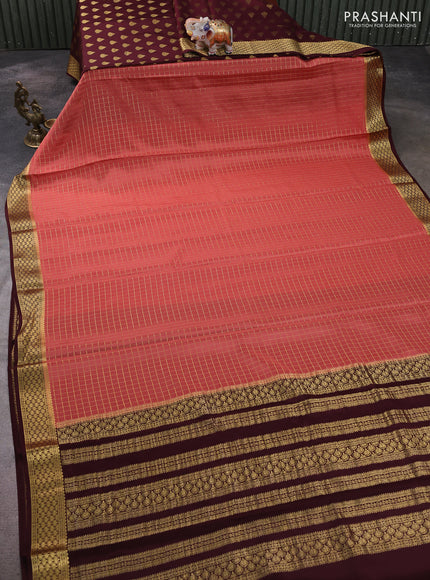 Pure mysore partly silk saree dark peach and coffee brown with allover zari woven checked pattern and zari woven border