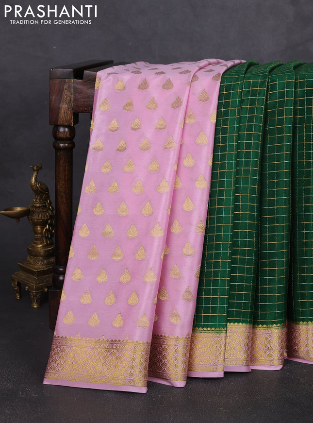 Pure mysore partly silk saree green and light pink with allover zari woven checked pattern and zari woven border