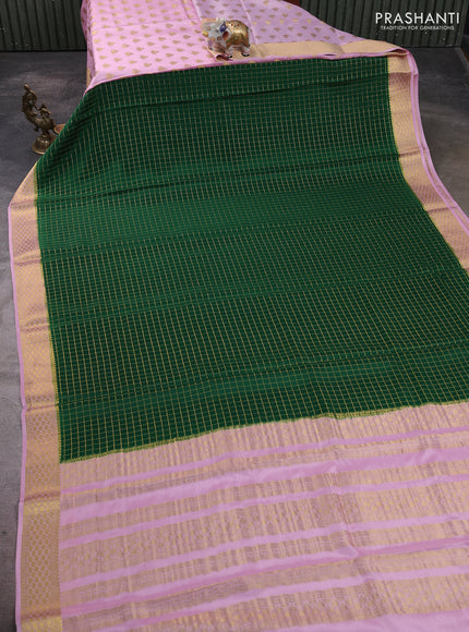 Pure mysore partly silk saree green and light pink with allover zari woven checked pattern and zari woven border