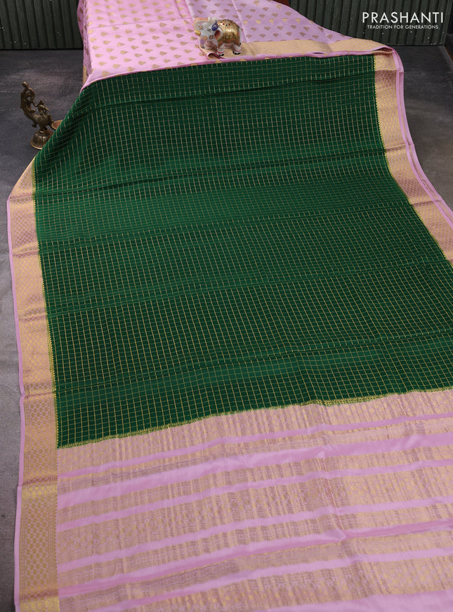 Pure mysore partly silk saree green and light pink with allover zari woven checked pattern and zari woven border