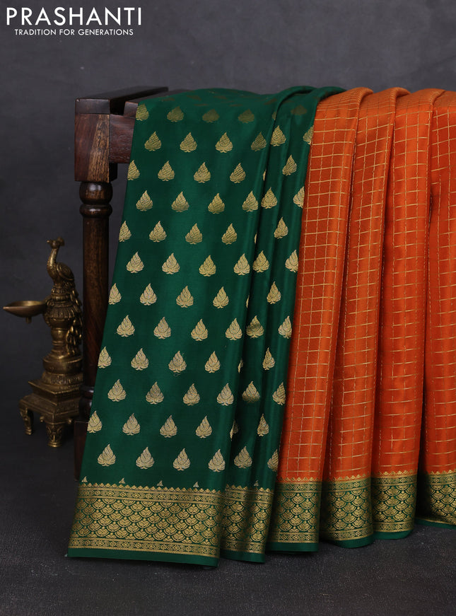 Pure mysore partly silk saree dark mustard and green with allover zari woven checked pattern and zari woven border