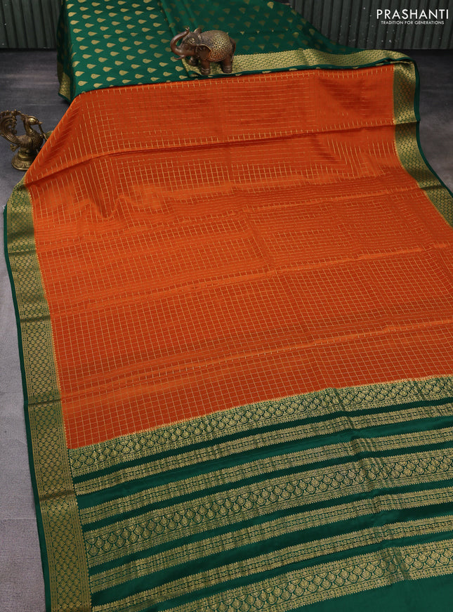 Pure mysore partly silk saree dark mustard and green with allover zari woven checked pattern and zari woven border