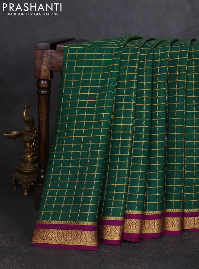 Pure mysore silk saree dark green and purple with allover zari woven checked pattern and zari woven border