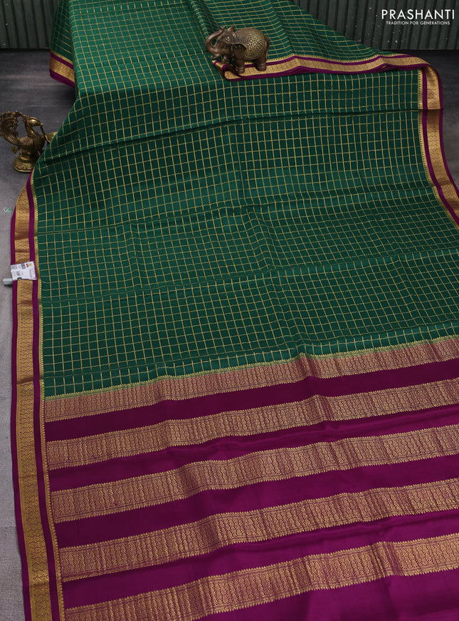 Pure mysore silk saree dark green and purple with allover zari woven checked pattern and zari woven border