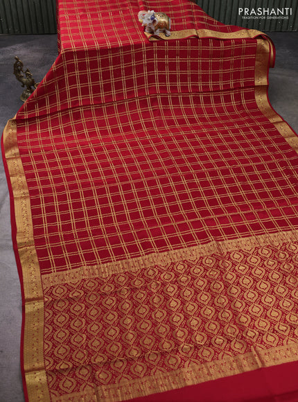 Pure mysore silk saree red with allover zari woven checked pattern and zari woven border
