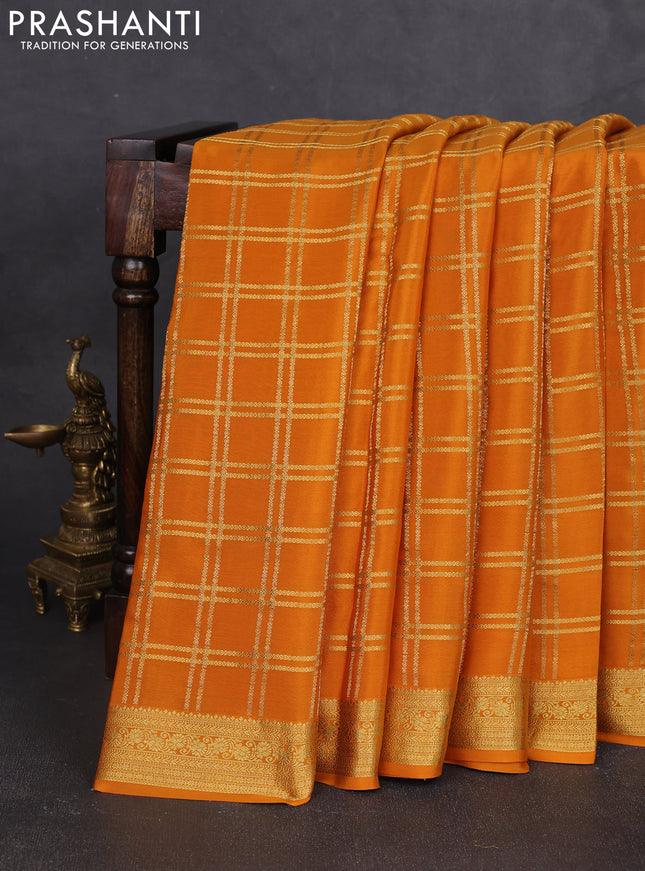 Pure mysore silk saree mustard yellow with allover zari woven checked pattern and zari woven border