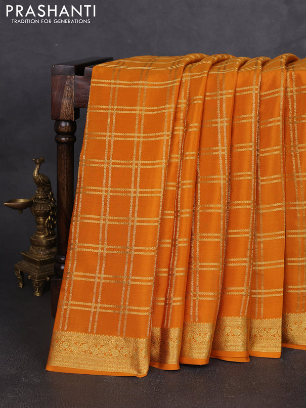 Pure mysore silk saree mustard yellow with allover zari woven checked pattern and zari woven border