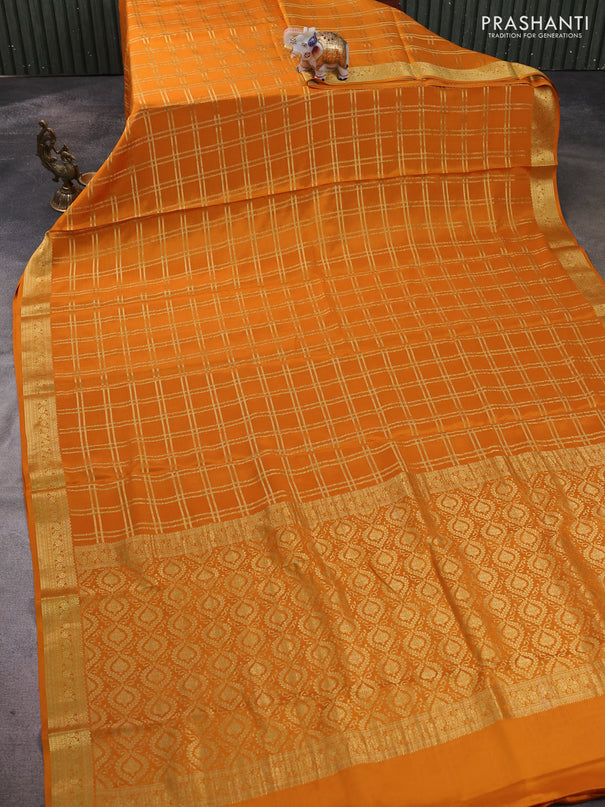 Pure mysore silk saree mustard yellow with allover zari woven checked pattern and zari woven border