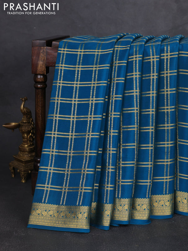 Pure mysore silk saree peacock green with allover zari woven checked pattern and zari woven border